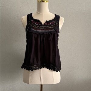Free People Wonderland Black Tank Top Embroidered Beaded Smocked Small